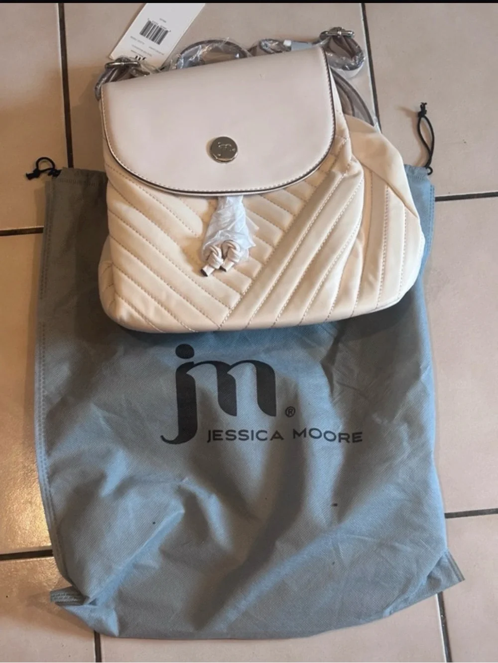 🎉Jessica Moore Cream Quilted Flap Backpack with Silver Logo and dust bag
